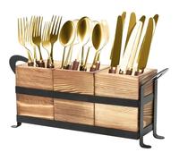 Porte-couverts bois 3 compartiments - pot ustensiles fer + support cuisine Label