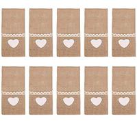 Porte-couverts en toile de jute, 10pcs dentelle jute couteau poche fourchette poche pour le mariage rustique fête de noël tableau réglage décorations[Cutlery Holder Original Color with Heart