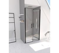 Porte de Douche Double Battant 70x200cm - Verre Trempé Transparent 6mm - Profil Noir Mat