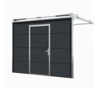Porte de garage avec porte de service, sectionelle, ouverture sur l'extérieur, Woodgrain, gris anthracite RAL 7016