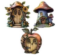 Porte de Jardin Féerique, Porte de Fée en Bois Miniature 2D, Accessoires Féeriques Champêtres Lot de 3 - Décoration Murale pour, Étagères, Arbres ou Jardins