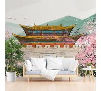 Porte de la Ville Chinoise Papier Peint Intissé, Architecture Vintage Papier Peint Panoramique 3d, Fleurs Montagnes Tapisserie Murale Salon Chambre Enfant Cuisine Salle de Bain, 300 x 210 cm