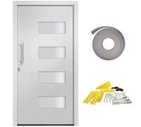 Porte d'entrée en aluminium et PVC blanc 100 x 210 cm avec serrure de sécurité, seuil en aluminium, joint, kit de poignées, protection thermique et phonique pour entrée, garage, nouvelle construction