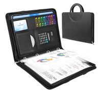 Porte Document A4 en cuir avec fermeture éclair étanche avec classeur à anneaux, bloc-notes, porte-documents, porte-documents, porte-documents pour réunion d'affaires, Portfolio A4 en Simili Cuir Noir