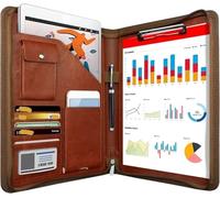 Porte Documents Conférencier multifonctionnel A4, classeur de papeterie d'entreprise, classeur de contrats en cuir, organisateur à fermeture éclair, porte-cartes(Yellow-Brown)