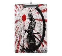 Porte-documents en acrylique, format lettre, avec pince métallique, motif graffiti sur un mur de briques représentant un guerrier japonais dans un cercle d'encre et un soleil rouge. Support robuste e