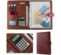 Porte-documents en cuir, Portefeuille de conférence A4 en cuir PU avec calculatrice et bloc-notes, noir/marron, 334 x 245 mm(Maroon)