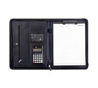 Porte-documents professionnel en cuir avec calculatrice à 12 chiffres, bloc-notes à fermeture éclair et fentes pour cartes, porte-documents en cuir PU