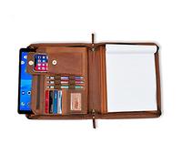 Porte-documents professionnel en cuir pleine fleur avec bloc-notes, fermeture éclair pour entretiens, pour femme, homme, cognac