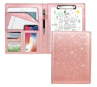 Porte-documents WAVEYU rose pailleté pour femme, organiseur de documents de conférence/juridique avec porte-bloc format lettre/A4, pochette pour documents