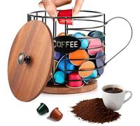 Porte-Dosettes de Café avec Base Bois, Couvercle & Poignée, Panier Capsules de Café Rond Décoratif, Cages Rangement Porte-Filtre Récipient Filtres Métal Accessoires Bar pour Comptoir, Stockage Fruits