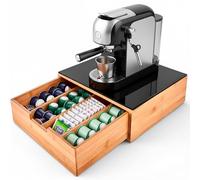 Porte-dosettes en bambou avec tiroir 4 compartiments étagère en verre organisateur capsules café dosettes sachets thé tisanes sucre design élégant pour cuisine et bureau 30 x 30 x 10 cm marron