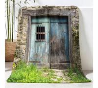 Porte En Bois Mur De Pierre Plantes Confortable Couverture 130 x 150 cm | Vintage Rustique Douce Flanelle Couverture pour Lit Chaise Canapé, Bleu Brun Légère Chaud Couvertures pour Adultes et Enfants