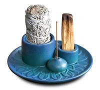 Porte-encens 4 en 1 en céramique - Porte-encens - Porte-encens - Pour tout encens - Sauge blanche - Avec pince à épiler, tampon en flanelle, brosse