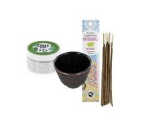 Porte-encens coupelle en fonte noire + sable blanc + Encens indien au Patchouli - Les