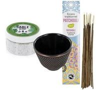 Porte-encens coupelle en fonte noire + sable blanc + Encens indien au Patchouli