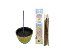 Porte-encens coupelle en fonte vert et doré + Encens indien au Patchouli Vert