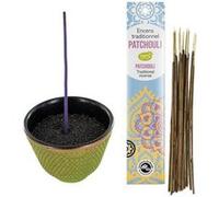 Porte-encens coupelle en fonte vert et doré + Encens indien au Patchouli Vert