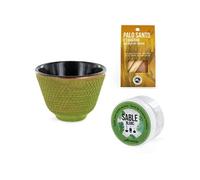 Porte-encens coupelle Vert et Doré + Sable blanc + Bâtonnets Palo Santo