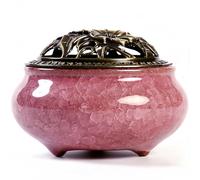 Porte-encens en céramique avec support à bâtons d'encens + isolation pour bâtons d'encens ou spirales d'encens, cônes de saule et encens (Ice Crackle Purple)