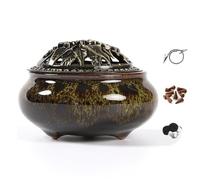 Porte-encens en céramique avec support pour bâtons d'encens + isolation pour bâtons d'encens ou spirales d'encens, cônes de saule et encens (Vert brûlé)