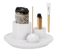 Porte Encens en Céramique Blanc, Support Encens 4 en 1 avec Brosse, Brûleur d'Encens pour Bâtons, Palo Santo, Sauge Blanche et Bougie, Déco Zen pour Méditation Yoga, Base 13 cm