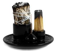 Porte-encens Palo Santo 4 en 1 avec Récupérateur de Cendres en Céramique de 13cm pour Maison Bureau Salle de Yoga(Noir)