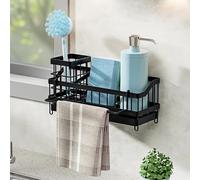 Porte Eponge Evier Cuisine, Organiseur Evier Cuisines avec Bac de Vidange Automatique, Range Eponge Evier Cuisine a Porte-brosse/Porte-serviettes Amovible, Organisateur Evier avec Adhésif -Noir