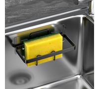 Porte-Éponge pour Évier de Cuisine Adhésif - Organisateur d'Évier 2 en 1 pour Éponge, Brosse et Bouchon, Range-Lingettes Anti-Rouille, Étagère de Drainage Sans Perçage (Noir, Design Compact)