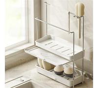 Porte-éponge pour évier de cuisine avec porte-brosses et distributeur de savon, rangement de comptoir pour éponge, torchon, bouteille de détergent, Wh (double couche)