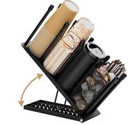 Porte-Gobelet et Couvercle, Incliné Organiseur de Porte-Gobelet À Café Réglable Distributeur de Gobelets Jetables À 4 Compartiments Avec un panier métallique pour Comptoir de Bar À Café (Noir)