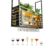 Porte-gobelet Suspendu réglable en métal Noir pour Bouteilles de vin Porte-Bouteille en Fer Multifonctionnel avec Hauteur de flèche réglable Étagère de décoration de Plafond pour Bar à la ma