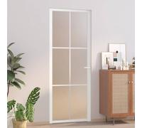 Porte intérieure 76x201,5 cm blanc en verre mat trempé et cadre aluminium stable, design moderne avec poignée alliage, installation facile dans cadre bois pour maison bureau