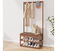 Porte-manteau 3 en 1 en bambou avec banc à chaussures, meuble d'entrée avec 2 étagères, cintre élégant sur pied pour couloir, salon, 73 cm