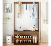 Porte-manteau 3 en 1 en bambou de grande capacité - Arbre autonome avec 9 crochets et banc de rangement pour chaussures pour couloir, salon, chambre à coucher - Unité multifonction