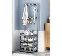 Porte-manteau 3 en 1 et banc à chaussures avec 4 niveaux de rangement, meuble autoportant avec double crochets, entrée grise élégante pour couloir et vêtements.