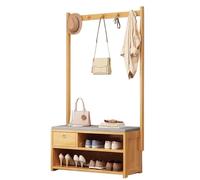 Porte-manteau 4 en 1 en bambou avec banc de rangement pour chaussures, crochets amovibles et tringle à vêtements, entrée élégante pour entrée de la maison et vestiaire