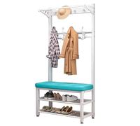 Porte-manteau 4 en 1 en métal robuste avec banc à chaussures et crochets, organiseur d'entrée autonome pour vêtements, sacs, chapeaux, solution de rangement moderne pour couloir (blanc 80 x 32 x 172