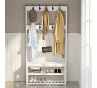Porte-manteau autonome avec banc à chaussures, rangement à chaussures à 2 niveaux et crochets pour entrée, couloir, salon - Peut contenir 6 à 8 paires, assemblage facile, décoration d'intérieur