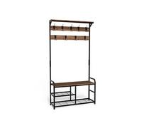 vounot® Porte Manteau pour Entrée 4 en 1 avec Banc et Étagère à Chaussures 3 Niveaux avec 9 Crochets Amovibles Meuble d’Entrée 185x85x33cm Cadre en Acier Robuste Système Anti-basculement