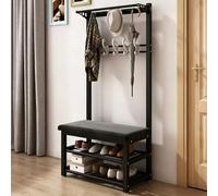 Porte-manteau avec porte-chaussures, 10 crochets, cadre en métal, support de rangement 3 en 1 pour entrée, banc à chaussures multifonctionnel, adapté pour couloir, pas Black 60x33x172cm/23.6x13x67.7"