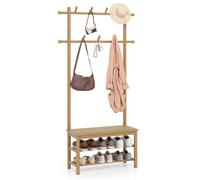 Porte-Manteau COSTWAY en Bambou en Rotin PE de Style Campagne avec Banc d'Entrée - 2 Barres de Suspension, 11 Crochets Naturel