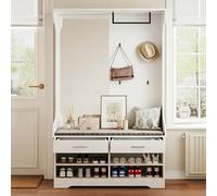 Porte-Manteau d‘Entrée avec Miroir, Armoire de Rangement Multifonction avec Banc - Hall Tree avec Porte-Chapeaux, Range-Chaussures et 2 Tiroirs, Design Moderne Blanc pour Entrée Étroite