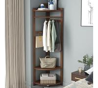 Porte-manteau d'angle autoportant avec rangement en bois avec tringle de suspension, 3 étagères et dispositifs anti-basculement, idéal pour entrée et chambre à coucher (40 x 40 x 180 cm)