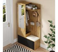 Porte-manteau de couloir avec miroir et banc - Armoire de couloir avec espace de suspension caché, 5 crochets et armoire à chaussures (2 compartiments) - En bois noir - Armoire compacte pour couloir