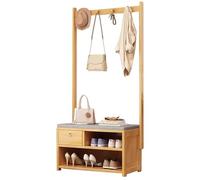 Porte-manteau de couloir en bambou avec banc de rangement à chaussures - Arbre d'entrée 4 en 1 avec crochets amovibles et tringle à vêtements pour entrée, vestiaire et maison