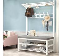 Porte-manteau d'entrée 4 en 1 avec banc à chaussures, hall en métal, arbre avec étagère de rangement et crochets pour salon, couloir, chambre à coucher, design blanc élégant (60 x 33 x 172 cm)