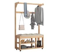 Porte-manteau d'entrée 5 en 1 avec banc de rangement à 2 niveaux Étagère à chaussures 3 crochets et roues Autonome Assemblage facile - Parfait pour la décoration de la maison et de l'entrée