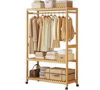 Porte-manteau en bambou avec 4 roulettes, portant à vêtements 4 en 1 avec rangement, armoire ouverte pour entrée, chambre, salle de bain et bureau