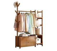 Porte-manteau en bambou avec double tiroir de rangement, 4 étagères et porte-vêtements multifonction pour chambre à coucher, couleur noyer, taille : L